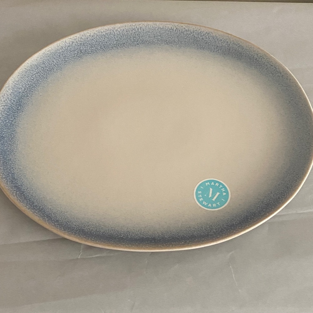 Martha Stewart Reactive Glaze Blue White Stoneware Oval Serving Platter NWT 13.6